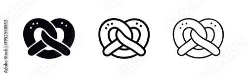 Pretzel icon set. Traditional German baked snack symbol in different design styles.
