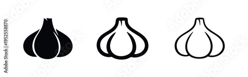 Garlic icon set. Whole garlic bulb symbol in different styles. Cooking ingredient concept.