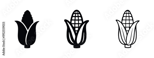 Corn on the Cob Icons Set in Black and Outline Styles