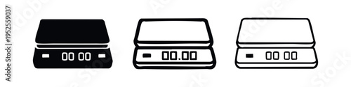 Digital Kitchen Scale Icon Set. Electronic Food Weighing Machine Symbols for Cooking and Baking.
