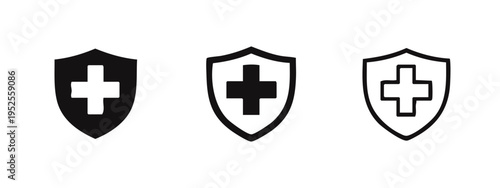 Medical Cross Shield Icon Set. Health Protection, Safety, and Healthcare Symbols.