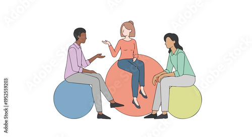 Three diverse individuals are seated on colorful, round objects, actively conversing and engaging in discussion.