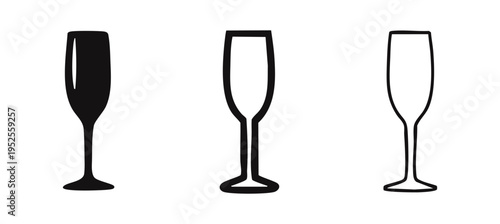 Champagne flute icon set. Elegant glass for sparkling wine symbol in flat, outline, and line style. Celebration drinkware.