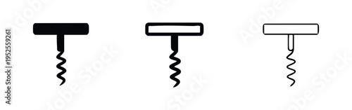 Corkscrew icon set. Wine bottle opener symbol in flat, outline, and line style. Essential bar and kitchen tool.