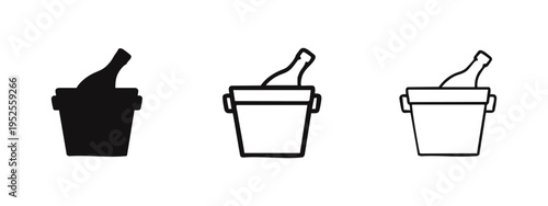 Wine bottle in ice bucket icon set. Chilled beverage container symbol in flat, outline, and line style. Party drink cooler.
