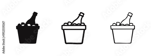Wine bottle with ice in bucket icon set. Chilled drink cooler symbol in flat, outline, and line style. Refreshment for celebrations.