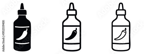 Hot sauce bottle with chili pepper label icon set. Spicy condiment symbol in flat, outline, and line style. Flavor enhancer.