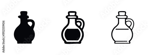 Rustic oil or vinegar jug icon set. Carafe with handle and cork symbol in flat, outline, and line style. Traditional kitchenware.