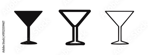 Martini Glass Icon Set: Classic Cocktail Drink Symbol in Solid, Outline, and Line Art Vector Styles