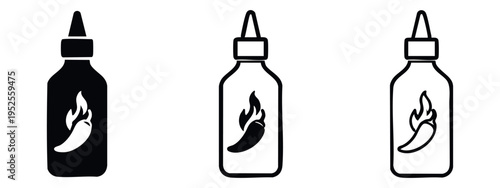 Hot Sauce Bottle Icon Set: Chili and Flame Symbol in Solid, Outline, and Line Art Styles