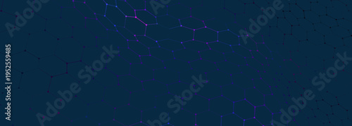 A vibrant hexagonal grid gently curves like a living digital fabric. A futuristic hexagonal background. Glowing nodes are connected by lines, forming a honeycomb structure.