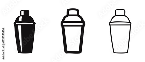 Cocktail Shaker Icon Set: Bar Mixer Tool in Filled, Outlined, and Thin Line Vector Formats
