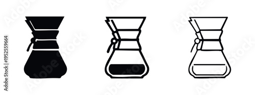 Pour-over coffee maker icon set. Chemex style brewing equipment symbols