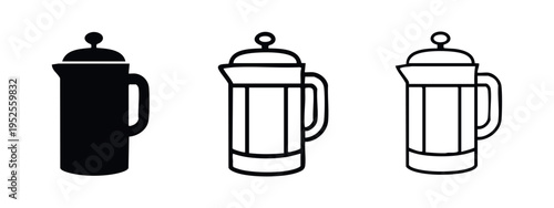 Classic French Press Coffee Maker Icon Set for Brewing and Cafe Concepts