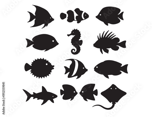 Oceanic fish silhouettes, a diverse collection of marine life vector icons, perfect for aquatic themes and underwater designs, featuring tropical fish, shark, seahorse, and stingray.