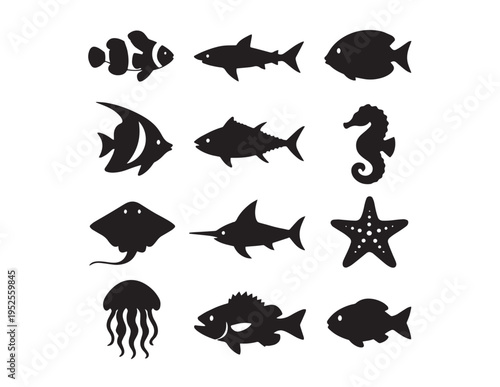Oceanic marine life vector icon set, diverse aquatic animal silhouettes, sea creatures collection for underwater themes, black fish and invertebrate graphics