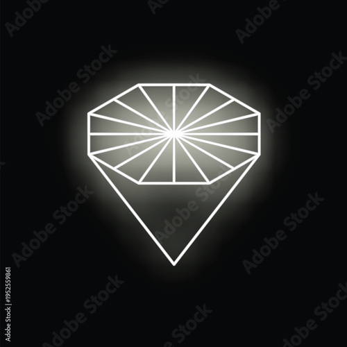 White neon icon of a diamond shining on a black background
