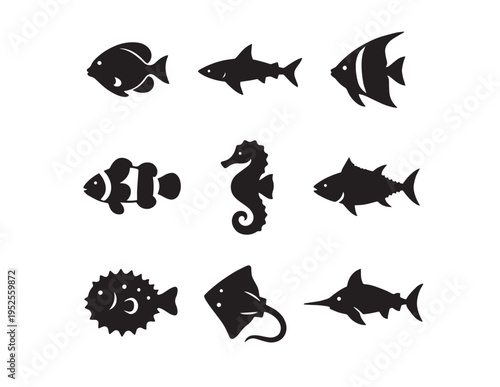 Oceanic fish vector icon set, nine distinct marine life silhouettes, black aquatic animal graphics for branding and educational designs, sea creature collection
