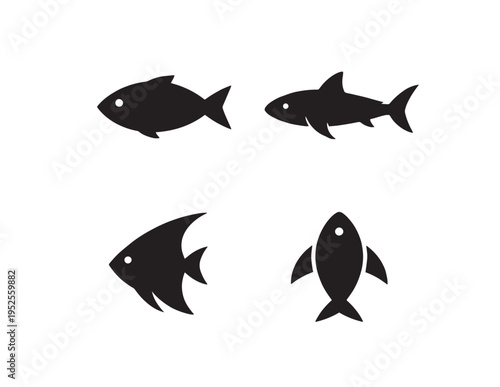 Minimalist black fish icon set, four simple aquatic animal silhouettes, modern marine life vector graphics for web and print design