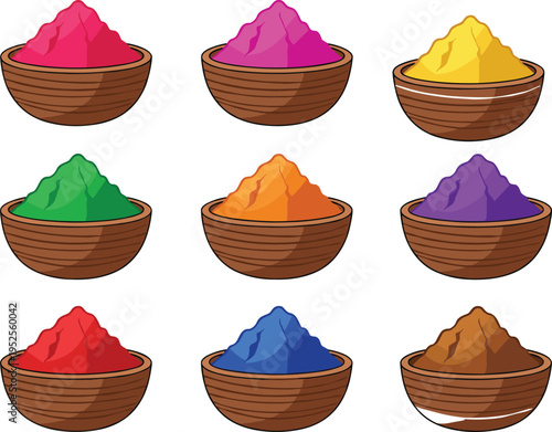 Colorful holi powder pigments in wooden bowls vector set for indian festival of colors celebration isolated on white background