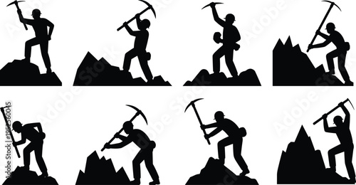 Miner silhouettes using pickaxe on rocky terrain, industrial workers performing excavation and extraction tasks, mining labor activity vector illustration isolated set