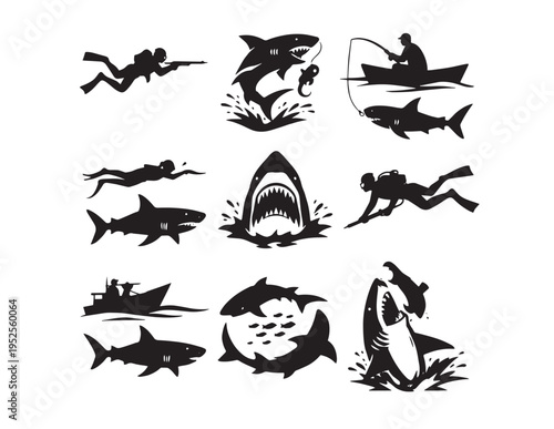 Dynamic shark vector collection, powerful ocean predator illustrations, marine life and diver silhouettes, fishing and underwater adventure graphics, black and white aquatic animal set