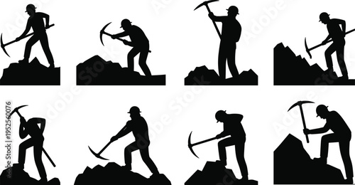 Miner silhouettes with pickaxe breaking rocks on mountains, industrial mining workers performing excavation and extraction tasks vector illustration isolated collection set