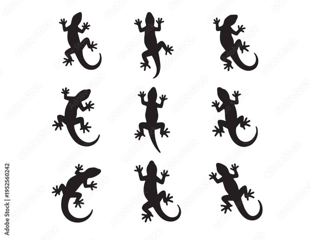 Naklejka premium Black gecko silhouette vector set, nine distinct lizard reptile icons, minimalist animal graphic elements for branding and design projects