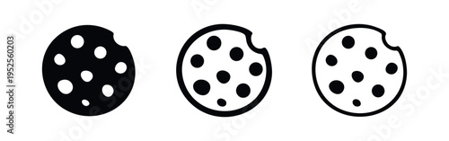 Chocolate chip cookie icon set. Sweet biscuit symbol in glyph, outline, and line style.