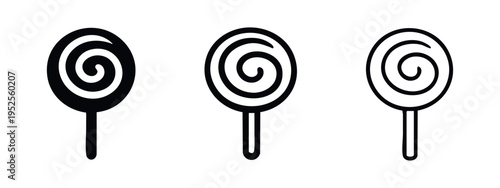 Swirl lollipop icon set. Sweet candy on a stick symbol in glyph, outline, and line style.