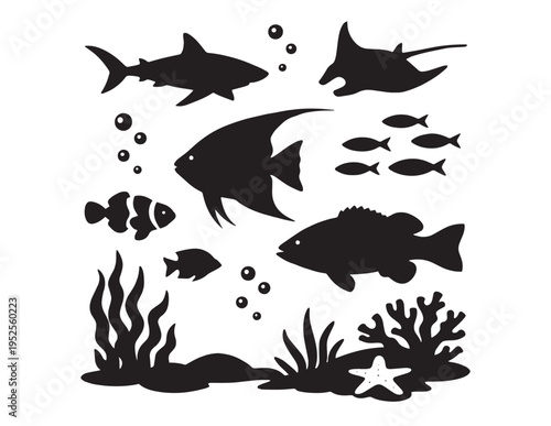Oceanic marine life vector silhouette collection, diverse underwater sea creatures, fish, shark, stingray, coral, and seaweed graphic elements, perfect for aquatic designs and educational