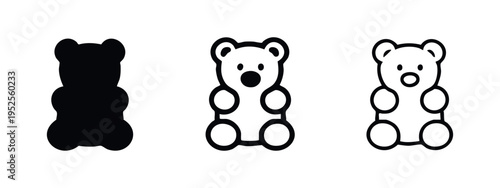 Gummy bear icon set. Cute jelly candy symbol in glyph, outline, and line style.