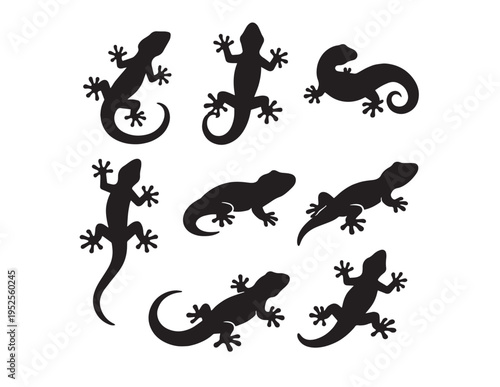Gecko silhouette vector set, eight black lizard illustrations, reptile animal collection for logo design and wildlife graphics, isolated on white background