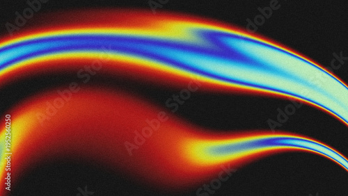 Abstract grainy gradient fluid art with smooth wavy curves, vibrant thermal color palette (red, orange, yellow, blue, cyan), and subtle noise texture.