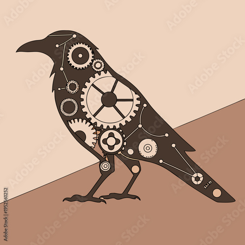 Steampunk crow with intricate gear design and mechanical details standing on brown surface with beige background in a unique artistic illustration style