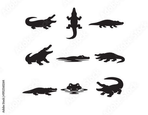 Alligator and Crocodile Silhouettes, a versatile vector collection of nine distinct reptile poses, ideal for wildlife branding, educational materials, or swamp-themed designs.