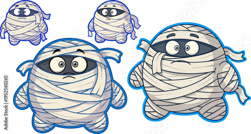 Cute Cartoon Mummy Character Vector Illustration Set for Halloween, Kids' Content, and Spooky Holiday Designs with Outline and Sketch Variations
