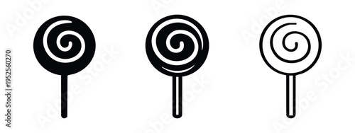 Swirl lollipop icon set. Sweet candy on a stick symbol in glyph, outline, and line style.