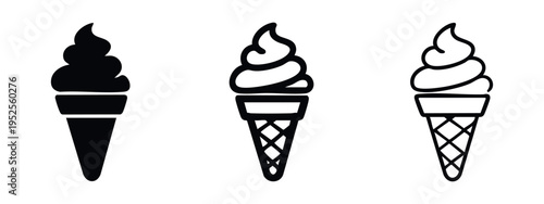 Soft serve ice cream cone icon set. Sweet frozen dessert symbol in glyph, outline, and line style.