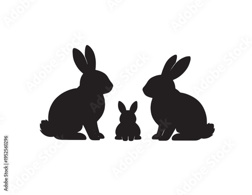 Black rabbit family silhouette vector illustration. Adorable bunny group, a mother, father, and baby rabbit. Minimalist animal design for Easter, spring, or nature-themed projects.