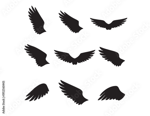 Dynamic black wing silhouettes, a versatile vector collection of nine different bird and angel wing designs, perfect for graphic design, logos, and symbolic imagery