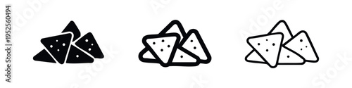 Nacho Tortilla Chips Icon Set - Mexican Snack Food Glyph Outline Black and White Vector Symbols