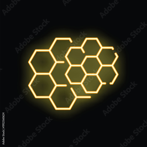 Neon honeycomb structure glowing on a black background, representing concepts of connection, technology and nature