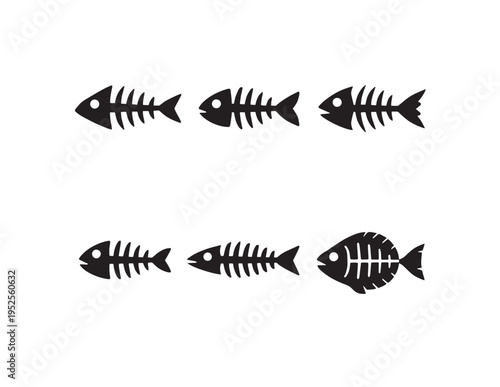 Minimalist fish skeleton vector icons, six distinct black fishbone silhouettes, simple aquatic animal remains graphic elements for seafood branding or educational design