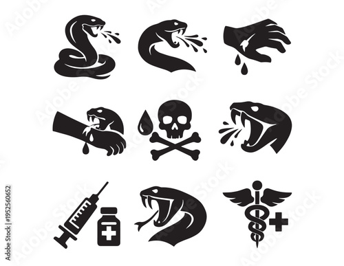 Venomous snake bite vector icon set, dangerous serpent attack and medical treatment symbols, skull and crossbones poison warning, emergency health care graphics for safety and awareness campaigns