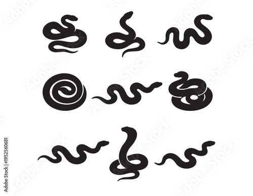 Black snake silhouettes, a collection of nine coiled and slithering serpent vector illustrations. Stylized reptile designs for branding, wildlife themes, or danger concepts.