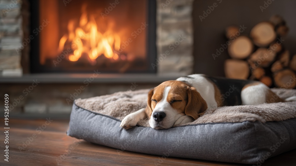 Fototapeta premium Dog sleeps quietly. Peaceful canine naps near glowing embers. Serene dog lies undisturbed beside flickering fireplace. Tranquil dog peacefully enjoys restful nap beside warm glowing hearth