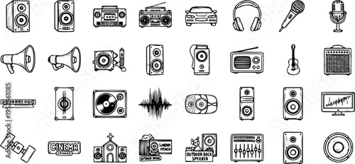 Black and White Line Art Icons of Audio and Music Equipment and Technology