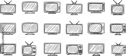 Black and White Line Art Collection of Various Vintage and Modern Televisions