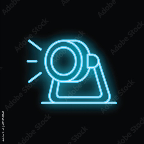 Neon icon of a spotlight shining with bright rays, representing concepts such as entertainment and stage lighting